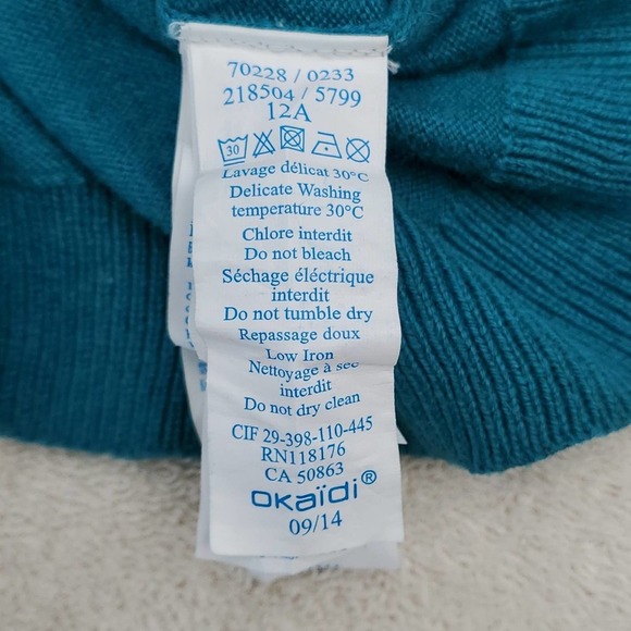 Youth Okaidi Cashmere V-neck Sweater Elbow Patches L 12 A/Y 150cm Wool Cotton - Picture 9 of 11